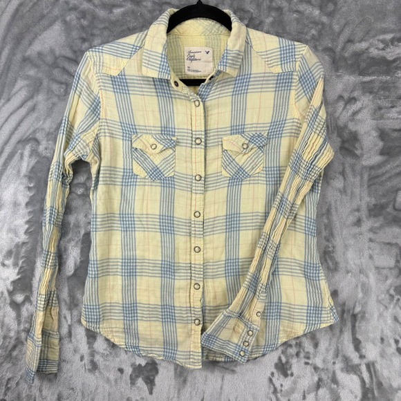 American Eagle Outfitters Tops - American Eagle Womens Plaid Snap Front Western Gauze Shirt Yellow Blue Size 10
